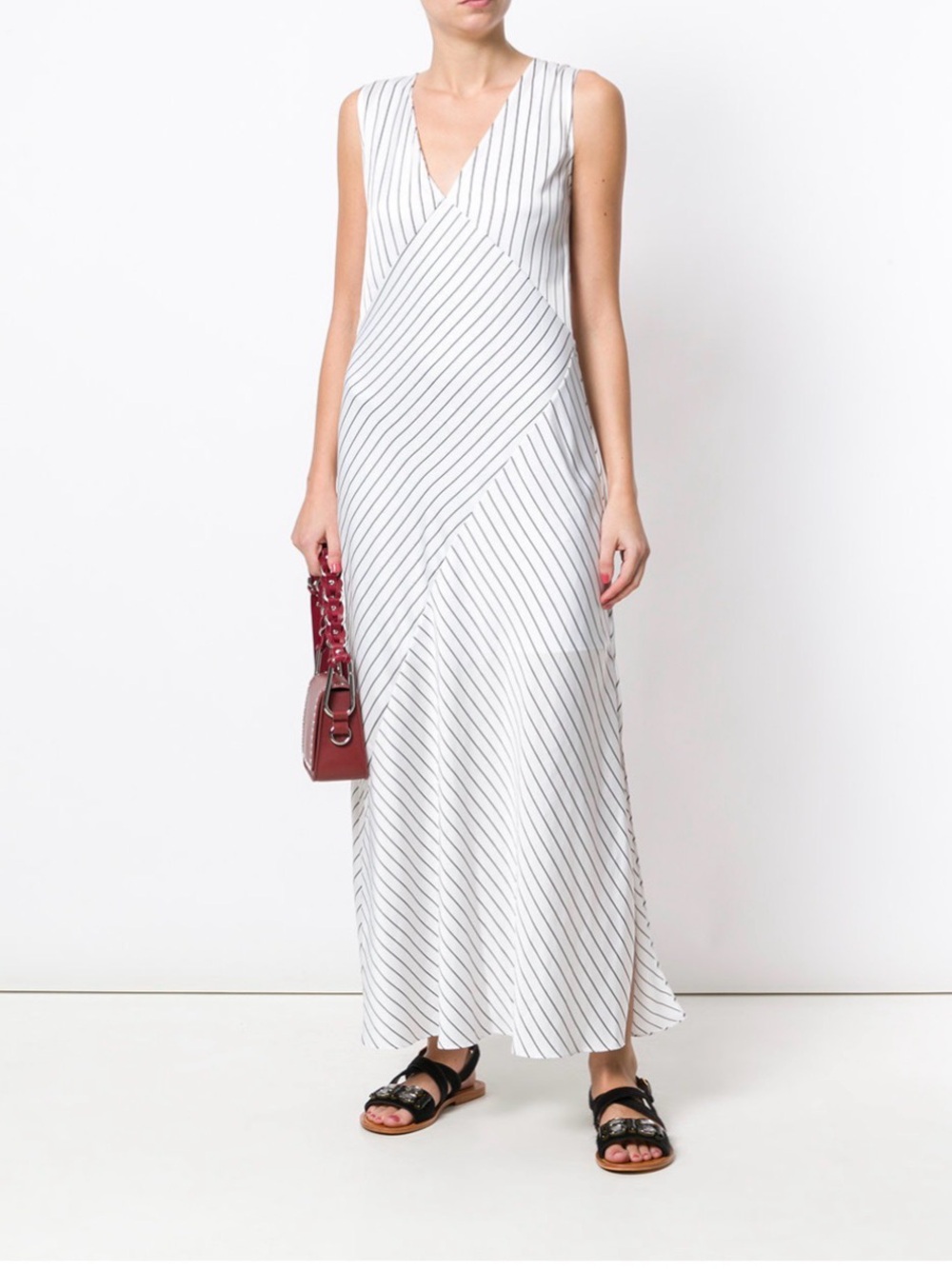 Theory Relaxed Slip Crushed Satin Stripe Maxi Dress White Black Minimalist Sz 0 - Picture 12 of 12